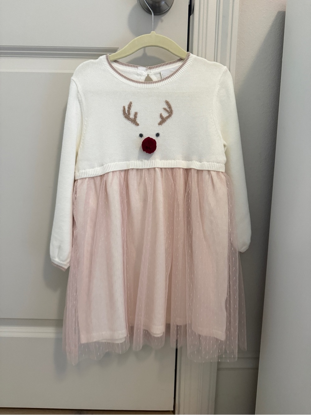 The White Company Jingles Reindeer Knit and Tulle Dress in Pink 2-3Yr